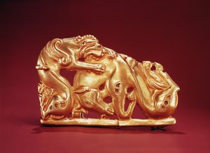 Plade, der viser en Griffin, der angriber en hest (guld og turkis)
