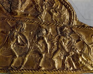 Art Scythian (skytisk eller skytisk civilisation): belægning af landskaber i guld med repræsentation af grækernes kamp mod barbarerne, 6. århundrede f.Kr. Sankt Petersborg, Eremitagemuseet