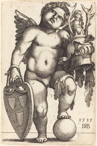 Kvindelig geni holder et våbenskjold af Sebald Beham