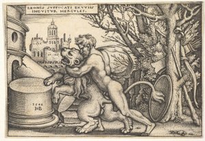Hercules, i profil, dræber Nemean-løven med armen om dens hals, fra 