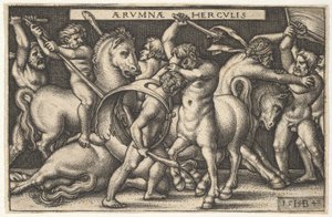 Hercules med sin kølle i midten kæmper mod en kentaur, andre mænd kæmper mod kentaurer til venstre for en..., 1542.