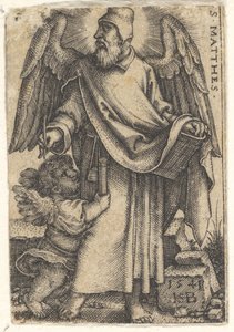 Plade 1: Saint Matthew med hovedet drejet i profil til venstre, en kerub nederst til venstre..., 1541. af Sebald Beham
