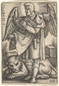 Plade 2: Sankt Markus, hovedet drejet i profil til venstre, med en åben bog i hans højre..., 1541. af Sebald Beham