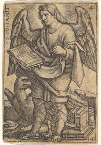 Plade 4: Sankt Johannes med hovedet drejet tre fjerdedele til venstre, med en bog i sit ri..., 1541. af Sebald Beham