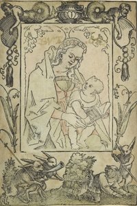 Jomfruen og barnet omgivet af en grænse med en jæger og nogle kaniner, 1500-tallet af Sebald Beham