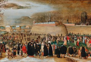 Vinterlandskab med karnevalsscene nær Kipdorppoort-bastionen i Antwerpen.