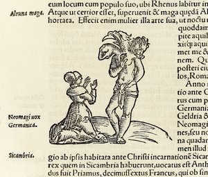 En heks tilkalder en trehovedet dæmon, fra 1550-udgaven af 