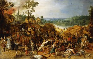 Et landskab med røvere, der angriber et vogntog og plyndrer en landsby,