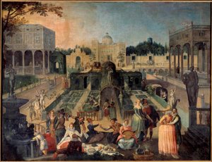 En fest i parken til hertugen af Mantua Picnic, musik, galante scener i haverne til paladset til hertugen af Gonzaga (Gonzaga). Maleri af Sebastien Vrancx (1573-1647) 1600-tallet søn. 1,42 x 1,88 m Rouen musee des Beaux Arts