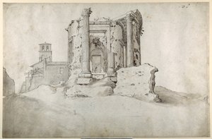 Ruinerne af Temple of the Tiburtine Sibyl i Tivoli (pen & brunt blæk med gråbrun vask på hvidt papir) af Sebastian Vrancx