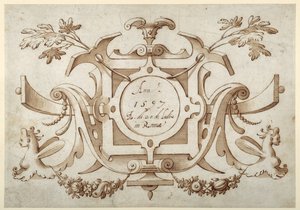 Strapwork cartouche forbundet med sættet af hans romerske synspunkter (pen & brunt blæk med brun vask på papir) af Sebastian Vrancx