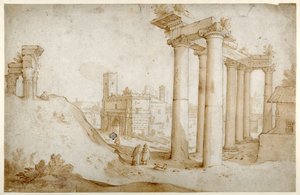 Forum Romanum med Titus- og Vespasian-templet, Saturn-templet og Septimius Severus-buen (pen og brunt blæk med brun vask, på papir) af Sebastian Vrancx