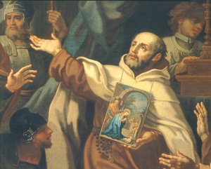 Levering af det ærede billede af Vor Frue af Sejren til Fader Domenico di Gesu Maria af Sebastiano Conca (1680-1764) Santa Maria della Vittoria-kirken, Rom