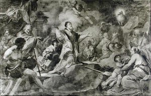 St. Clement, der påkalder Guds Lam for at producere vand fra en klippe på Krim (olie på lærred) (s/h foto)