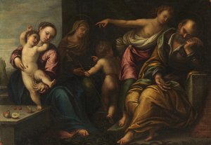 Jomfru og barn med spædbarnet Saint John, Saint Elizabeth og bebudelsen til Joseph, ca. 1540 af Sebastiano Florigerio