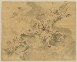 En dronning sendt til helvede af hævnende engle, ca. 1676-1746 (pen, blæk og vask på papir) af Sebastiano Galeotti