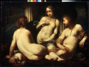 De tre nåder. (De tre nåde). Maleri af Sebastiano Mazzoni (1611-1678), omkring 1650. Florentinsk kunststilskøn. Olie på lærred. Museum of Beaux Arts Pushkin, Moskva