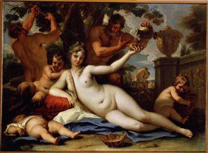 Bacchante et satyres (Bacchante og Satyrer). Satyrerne plukker druerne fra vinstokken og serverer rødvin til bacchanten, en tilbagelænet nøgen kvinde. Maleri af Sebastiano Ricci (1659-1734), ca. 1713. Venetiansk kunst. Olie på lærred. Eremitagemuseet, Sa
