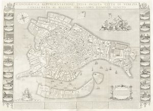 Ikonografisk repræsentation af den berømte by Venedig af Sebastiano Ricci, Lodovico Ughi, Giovanni Antonio Faldoni for the map, with Francesco Zucchi