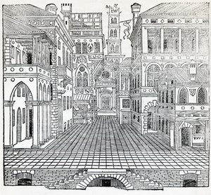 Magisk scene, teatralsk scenedesign af Sebastiano Serlio (1475-1554), illustration fra Treatise on Architecture, Bog II