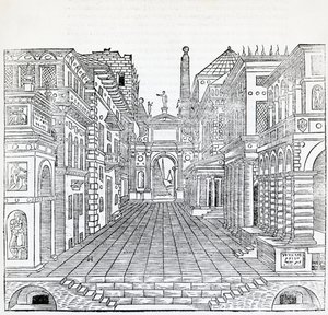 Magisk scene, teatralsk scenedesign af Sebastiano Serlio (1475-1554), illustration fra Treatise on Architecture, Bog II