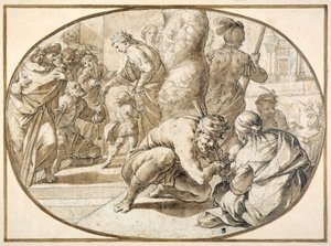 En dronning uddeler almisse til en forkrøblet tigger i templet i Jerusalem, begyndelsen af det 17. århundrede (pen og brunt blæk med brun vask) af Second School of Fontainebleau