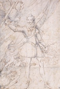 Kong Henrik IV, i fuld længde, et trofæ af de osmanniske arme ved hans fødder, hæver en rulle foran en ørn (sort kridt, pen og brunt blæk med blå vask) af Second School of Fountainebleau