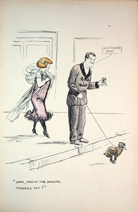 Par venter på, at en hund afslutter sin virksomhed, ca. 1921 (farve litho) af Sem