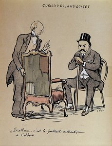 Rich Art Collector inspicerer en stol, der angiveligt ejes af Colbert. ca. 1919 (farve litho) af Sem