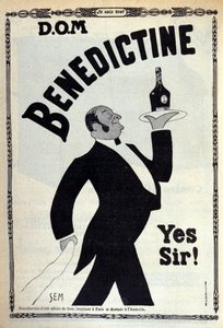 Reklame for fordøjelseskanalen "" benediktiner"" En kaffedreng bærer en flaske på en bakke. Tegning af Sem (1873-1932). 1910 af Sem