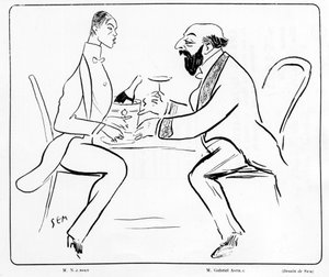 Tegneserie af Nijuisky og Gabriel Astri på en café, tegning af Sem (1863 - 1934). af Sem
