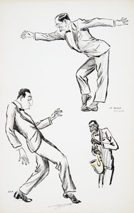 To herrer i sort slips udfører La Danse Havas til saxofon, fra White Bottoms, pub. 1927 (farveblokprint), fra White Bottoms, pub. 1927 (farveblokprint) af Sem