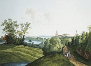 ""Landskab med en gård i parken i Tsarskoye Selo"" af Semyon Fyodorovich Shchedrin (Semion Chtchedrine) (1745-1804). Gouache og blæk på papir