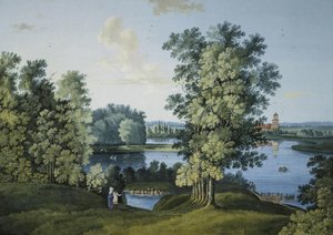 ""Udsigt over den store dam i parken i Tsarskoye Selo"" af Semyon Fyodorovich Shchedrin (Semion Chtchedrine) (1745-1804), Gouache og blæk på papir