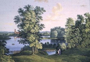 Udsigt over øen fra den store sø i parken i Tsarskoye Selo