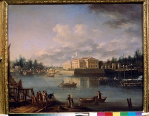 Udsigt over Kamennoostrovsky Palace fra Strogonov Embankment, Sankt Petersborg. Maleri af Semyon Fyodorovich Shchedrin (Semion Shchedrin) (1745-1804), olie på lærred