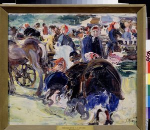 En messe (A Fair). Provinsmarked med bondekvinder og handlende. Maleri af Semyon Gavrilovich Nikiforov (1877-1912), olie på lærred af Semen Gavriilovich Nikiforov