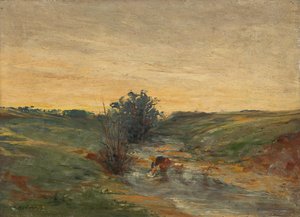 Vaskekone ved åen ved solnedgang