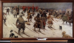 russisk militærkampagne i det 16. århundrede; (Russernes militære kampagne i det 16. århundrede). Russiske krigere på ski, der rykker frem gennem sneen. Maleri af Sergei Vasilyevich Ivanov (1864-1910), olie på lærred