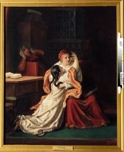 Tsarina Kseniya Godunova (1581-1622) (Tsarevna Kseniya Godunova). Et skræmt barn, der styrter ind i nogens arme. Maleri af Sergei Ivanovich Gribkov (1820-1893), olie på lærred, russisk kunst fra det 19. århundrede. Regional Art Gallery, Tver (Rusland)
