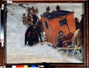 Kanen lukker boyarer (boiard, boiar) (russiske aristokrater) (Bojarens lukkede slæde). Værk af Sergei Vasilyevich Ivanov (1864-1910), olie på papir