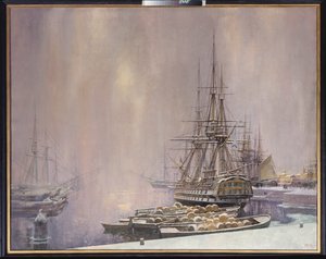 Kronstadt om vinteren (Havnen ved Østersøen i Peter den Stores tid (1672-1725) - Kronstadt om vinteren - Maleri af Sergei Varlenovich Pen (født i 1952), olie på lærred af Sergei Varlenovich Pen