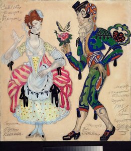 Forberedende kostumer til teaterstykket ""Le mariage de Figaro"" af Pierre Augustin Caron de Beaumarchais (1732-1799) (Kostumedesign til teaterstykket Figaros bryllup af Beaumarchais) - Værk af Sergei Yurievich Sudeykin (Serge Soudeiki)