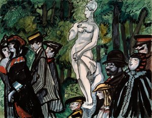 I sommerhaven. (Familier i deres søndagsbedste på en tur rundt om en statue i Sankt Petersborg). Værk af Sergei Yurievich Sudeykin (Serge Soudeikine) (1882-1946), blyant, gouache og blæk på papir. russisk kunst af Sergei Yurevich Sudeikin