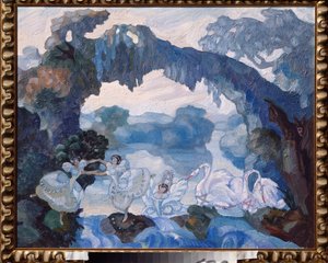 Forberedende indretning til balletten ""Le Lac des Cygnes"" af Piotr Tchaikovsky (1840-1893) (Scenedesign til Balletten Svanesøen af ​​Tchaikovsky) - Værk af Sergei Sudeykin (Serge Soudeikine) (1882-1946), olie på pap