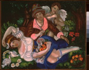 Allegorisk scene. (Et par elskere, omgivet af et par duer og Amor, der spiller musik). Maleri af Sergei Yurievich Sudeykin (Serge Soudeikine) (1882-1946), olie på lærred, ca. 1910. Russisk kunst, 20. århundrede, art nouveau, modernisme.