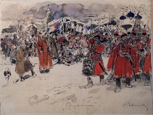 Troop of Streltsy (eller Strelets), et russisk militært organ, der har eksisteret fra det 16. til det 18. århundrede (The Streltsy). Værk af Sergei Vasilyevich Ivanov (1864-1910), akvarel på papir, russisk kunst, slutningen af ​​det 19. tidlige 20. århundr