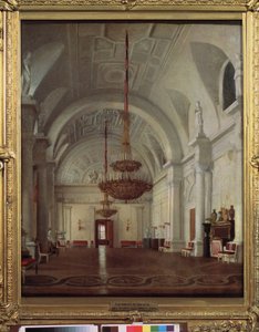 Udsigt over Vinterpaladsets hvide sal i Sankt Petersborg. Maleri af Sergey (Sergei, Sergei) Konstantinovich Zaryanko (Zarianko) (1818-1870), olie på lærred. russisk kunst