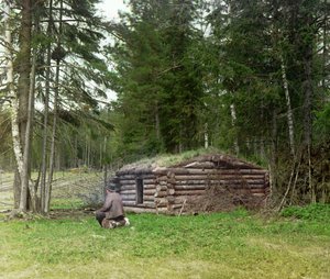 En mand foran en hytte for skovhuggere og kuria (kulafbrænding) i skoven, det russiske imperium, mellem 1905 og 1915