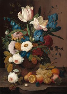 Stilleben, blomster og frugt